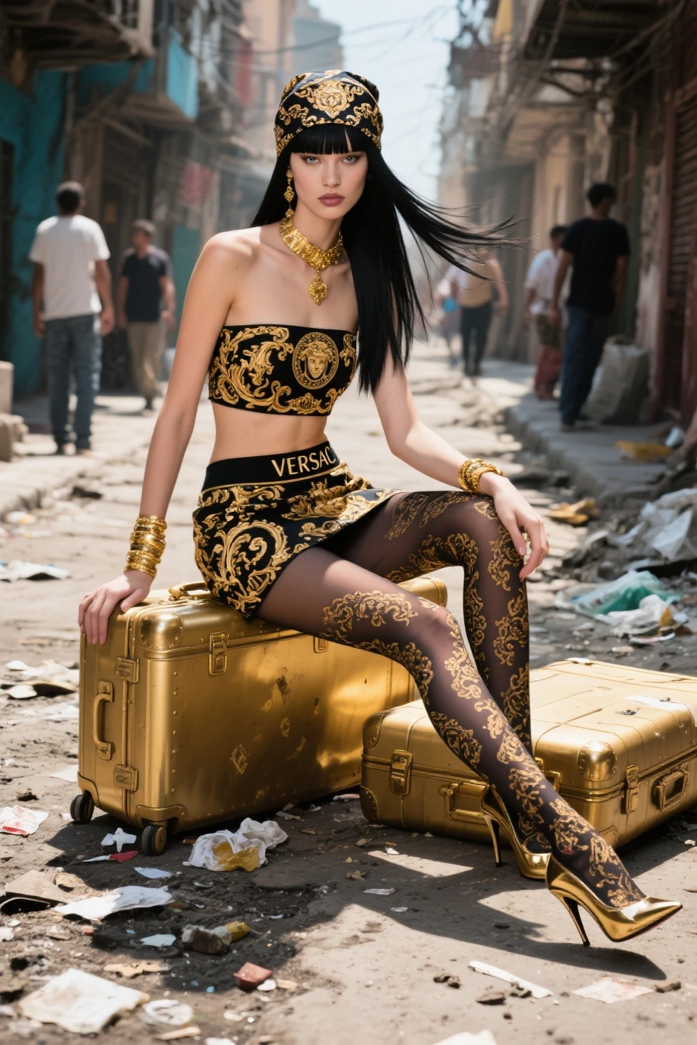 White skin pharaoh Tia in rickshaw she has black hair,exhaust pipe,Intoxicated expression ,fat leg,Black gold is everywhere,Extravagant,