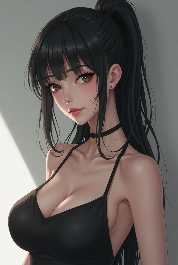 Amazing portrait of a woman who is 30 years old and an adult and a sexy woman with a beautiful face emphasized by amazing makeup and beautifully detailed eyes with perfect lips wearing her short black hair in a bob with a white hairband blushing intensely as she's flustered and lustful wearing some elegant earrings and a black sleeveless sweater accentuating her medium chest paired with a cream skirt that accentuates her thick curvy body making her look hot with vibrant colors and soft lighting during night time with soft lighting showcasing her red lips and her beautiful face in detail and close up