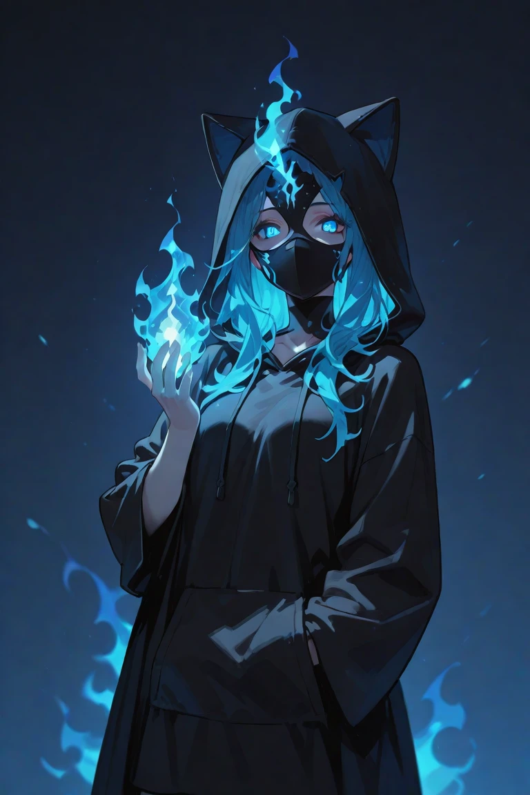 score_9,score_8_up,score_7_up,score_6_up,score_5_up,score_4_up 1girl,solo,looking at viewer,short hair,bangs,blue eyes,long sleeves,holding,animal ears,closed mouth,blue hair,upper body,cat ears,hood,scarf,hair over one eye,fake animal ears,glowing,fire,shaded face,glowing eyes,cloak,hood up,rain,skull,animal hood,black sclera,glowing eye,hooded cloak,blue fire,cat hood,flaming eye <lora:anipony_XL:0.8>,anime