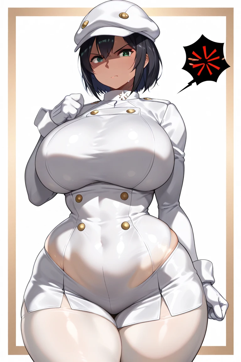 ((Tabletop, Highest quality, High resolution, Pixel Perfect,  4K, Browsing Caution)))、1 Girl, Beautiful woman、(((Muscular)))、((Bobcut、Blunt Bangs、Black Hair)), ((Yellow Eyes、Both eyes closed、Beautiful eyelashes, Realistic eyes)), ((Detailed face, blush:1.2)), ((Smooth texture:0.75, Realistic texture:0.65, Realistic:1.1, Anime CG Style))、Big nipples、((Huge breasts、Swollen nipples、Thick thighs)), Perfect body、Daytime Town、((((surprised、blush))))、((Sweat))、(Right hand salute、Left hand on waist)、(Blue Jacket、Navy Blue Leotard)、Police Hat