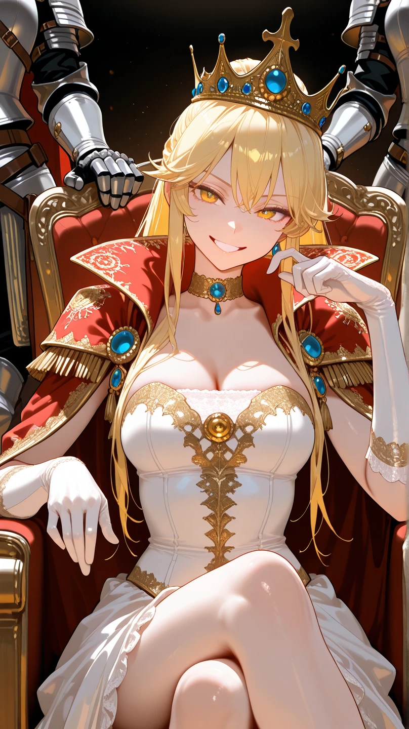 <lora:newbismarck:1>, (Masterpiece:1.2), best quality, (illustration:1.2), (ultra-detailed), hyper details, (delicate detailed), (intricate details), (cinematic light, best quality Backlights), clear line, from below, solo female, perfect body, (1girl), blonde hair, glowing blue eyes, (bismarck \(azur lane\):1), a woman sitting on a throne with a sword, (wearing beacon_of_the_iron_blood outfit:1), medal on right shoulder, black gloves, cleavage, ((makeup)), high contrast, (best illumination, an extremely delicate and beautiful), ((cinematic light)), colorful