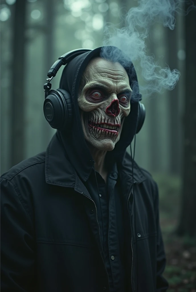 Draw a skull face wearing a yellow raincoat, with an 80's walkman and headphones. Add a marquee on top of the image, inspired by the series Stranger Things, na cor verde, with the text 'Symphony of Fear'. The setting should be dark and scary