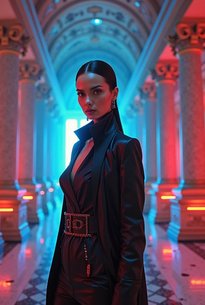 Masterpiece, best quality, Extremely detailed, Beautiful shadows, cyberpunk style, Unity, Wallpaper, Modern, 2020s, detailed cinematic shot from, realistic cinematic scene, full body shot of showing detailed intricate work, shot in the style of john boorman and kubrick, oscar-winning photography, striking image captures, meticulous attention, stunning costume design. Black Moon Priestess in tight-fitting black dress with red roses printed on the fabric, her hair is up in a bun, black eyeshadow, and her lips are glossy red, Insanely detailed, Tattooed arms, Portrait, Realistic, Detailed face