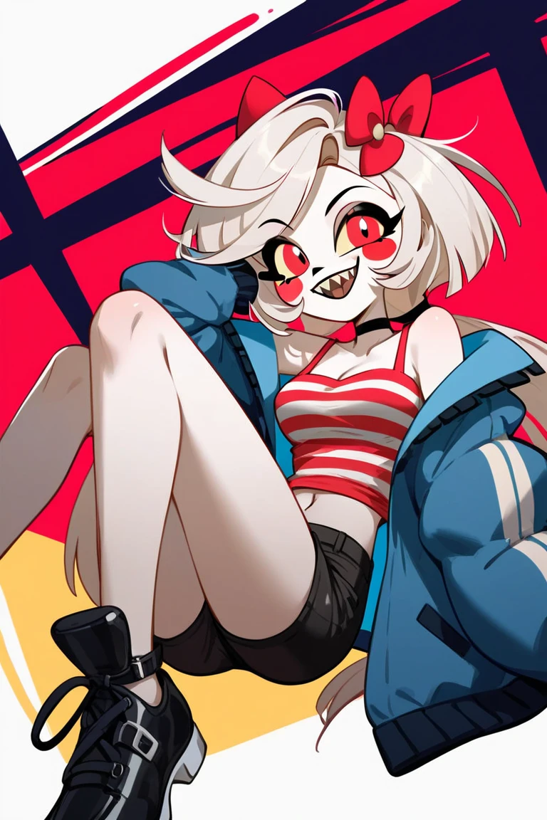 Girl with long hair and bangs with white eyes, clown-painted face, oversized t-shirt, white legs with black fishnet stockings and boots, all black neck tatoo