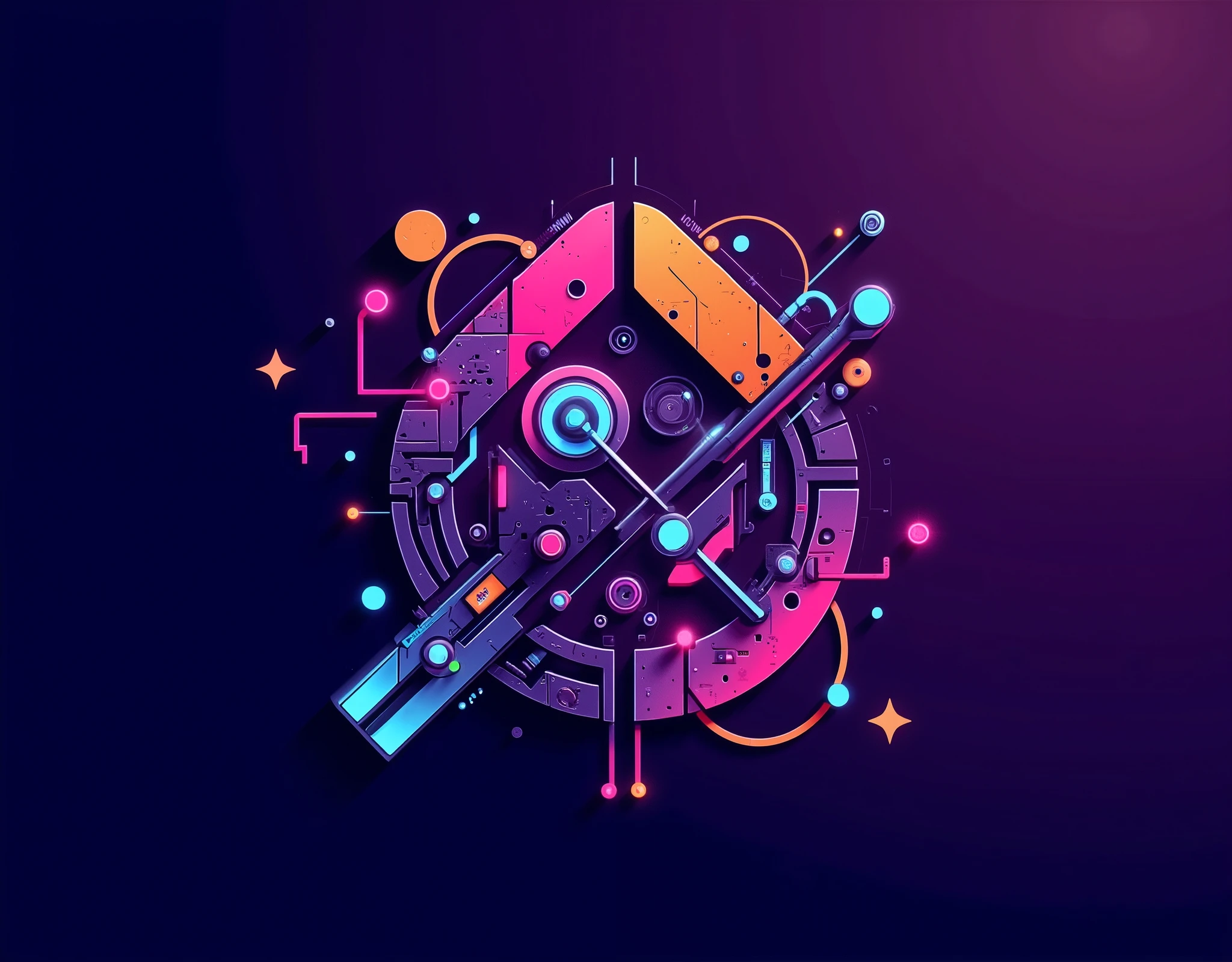 An abstract, memorable, and striking logo for a Graphic design channel about creativity and design. Use a combination of purple, pink, orange and blue colors. Include abstract shapes and dynamic lines that symbolize creativity and technological advancement. The channel name is "AD Graphics". --style flat design --style minimalist --ar 1:1 use neon colors