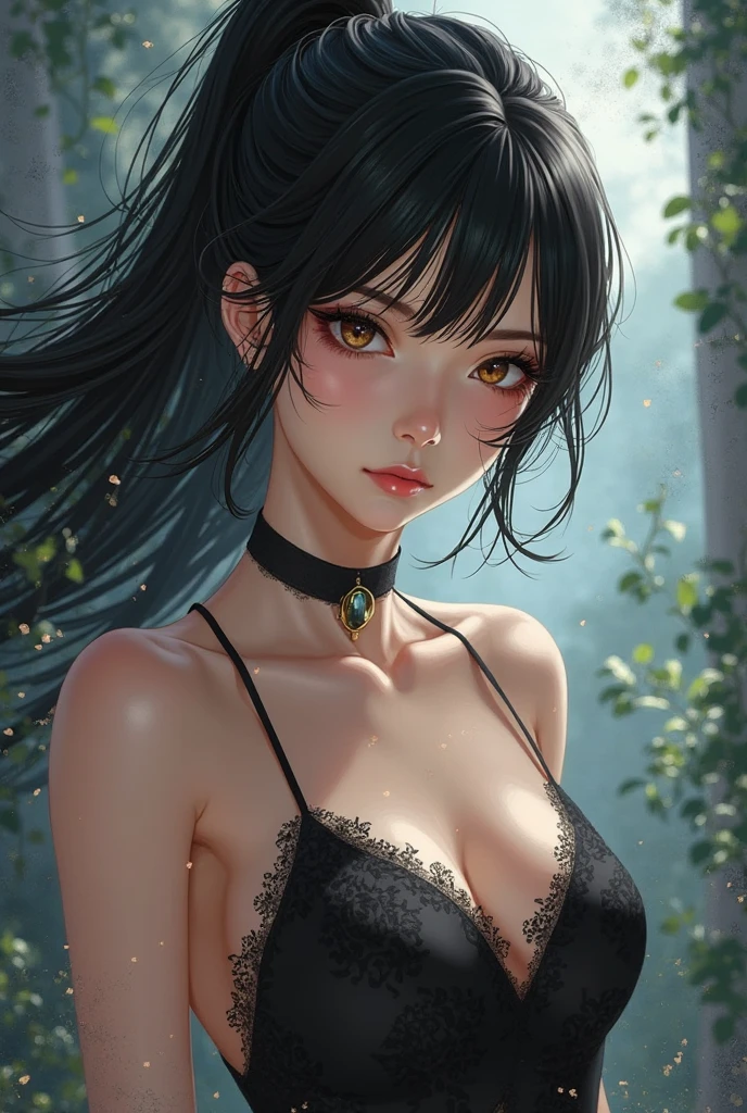 emo_hairstyle, (piercings), (black necktie), ((long hair)), ((straight hair)), (((black hair))), side swept bangs, white skin, pale, white, (green eye), tired expression, choker, ((dark makeup, mascara, eyeshadow)), multiple piercings, best quality, 8k, dark laboratory, dim lighting, white shirt, erotic, slytherin, black and white robes, (small breasts, cleavage, strap gap, leaning forward, hanging breasts), hogwarts robes. (((small breasts)))