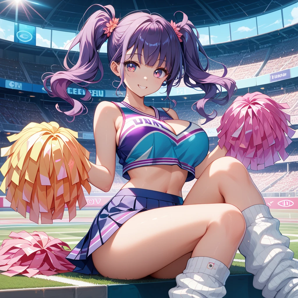 (((Wolf ))),(((Wolf girl))),anthro dog girl, body fur,cheerleader,HD,sharp,beautiful and detailed,woman ((anthro)),subdued Lavender color skin, ((long purple hair)),(((ojou curls))),(A woman sweating and dancing vigorously with her legs up:1.3)、(teal cheerleading miniskirt:1.2)、(holding a pom pom:1.2)、Cute smile with open mouth、(white sleeveless cheerleading shirt:1.4)、(White panties visible through the skirt)、(Stand on one leg:1.3),(holding pom poms:1.2), full body view, (detailed fluffy), spread legs,(laugh), (stadium stands),cowboy shot,dynamic pose,zettai ryouiki,skirt lift,white panties,dynamic angle,,by dr comet,by pochincoff, by jlullaby,by kingbang,by sparrow,by ZeroQrisu,wide hips, huge ass, huge round ass,Milf, huge breasts, thick thighs, curve,curvey,
