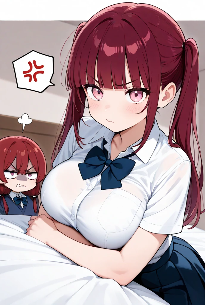 1womanl,Brown hair,Red ribbons ,((Impatient expression)),Beautiful breasts,White shirt,Red dress,well-styled,,(Facing the front)(((Blushing cheeks、embarassed expression)))、The wind is going to mess up my skirt