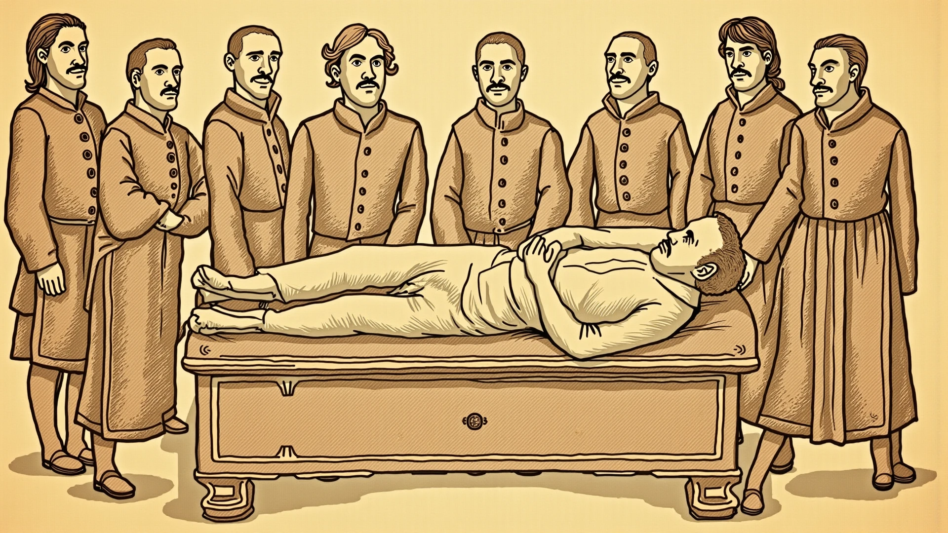 In an anatomy classroom, a puerto rican man, muscular and toned, bearded man full beard and hairy body, is lying on an examination table completely, wearing only white underwear. Bed bath. He is all washed, soaped and lathered from head to toe hairy groin with water, soap and sponges, touched and examined closely by a group of curious casually dressed students around, all focused on learning about the human body. The school classroom is bright.