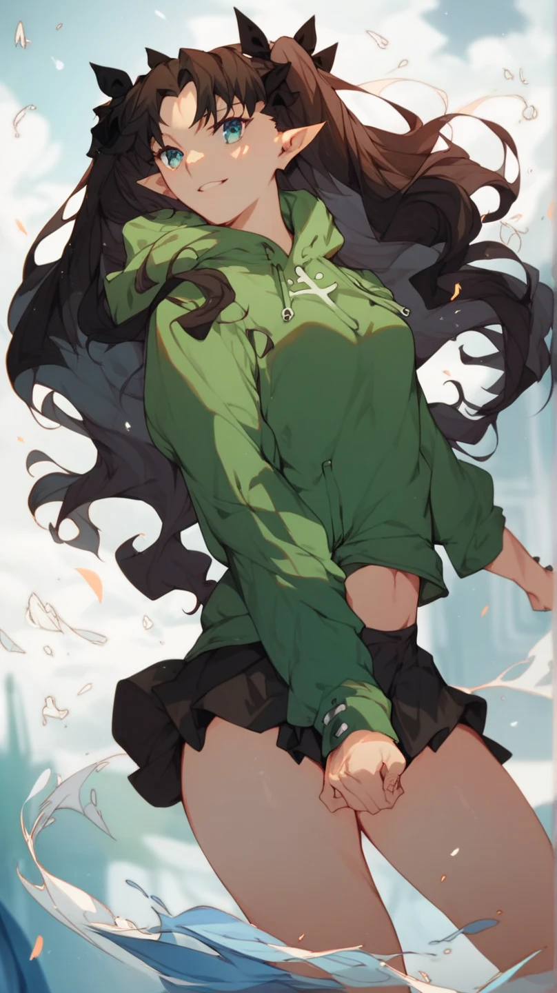 A girl who was sleeping on her back. She has big breasts and has a sexy body. It has a beautiful and white face. It has long black hair. Wearing a green jacket and wearing a white t-shirt and wearing a short black skirt. Her breasts are shown. She undresses to reveal her genitals. The background on the mattress is white. Full-body view 