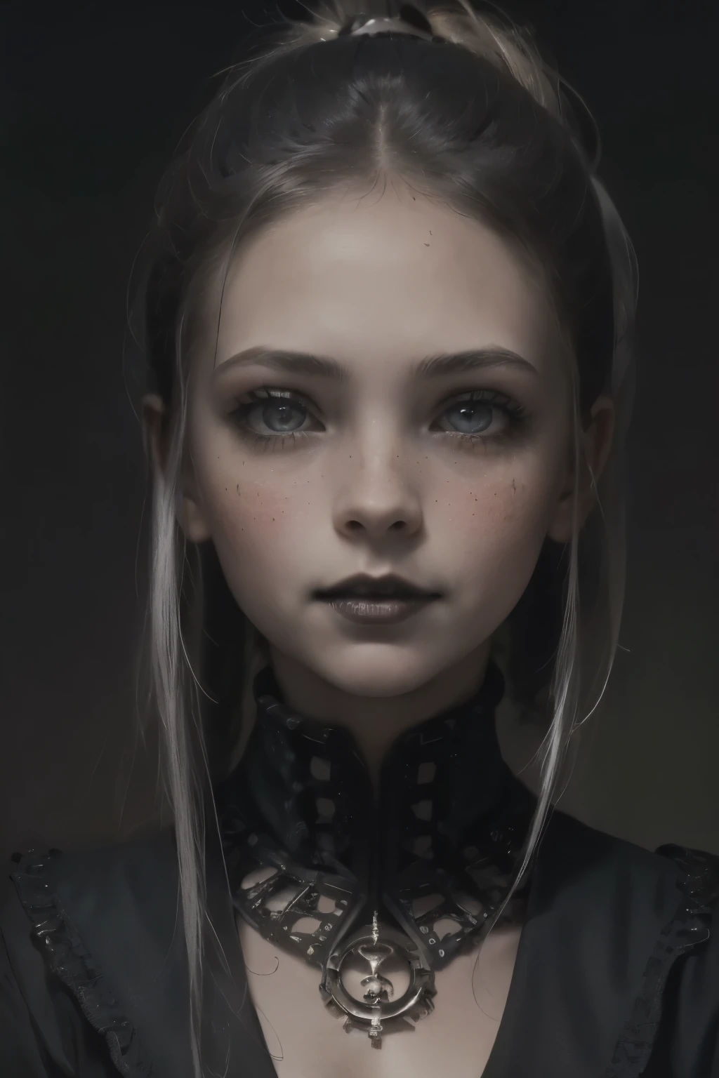 ((best quality)), ((masterpiece)), (detailed), (((mastepiece, of the highest quality, super detailed))), perfect face score_9, score_8_up, score_7_up, score_6_up, face focus, sepia style victorian era photographic portrait of a (military witch), (occultic military uniform), ((intricate and beautiful gothic clothing)), young, thin, (cute face), Long hair, a-line haircut, ((long ponytail, thick ponytail, heavy ponytail)), very long eyelashes, freckles, freckles on face, small breasts, fit, bright blue eyes, ((((Highly detailed face)))), small thin nose, Small thin lips mouth, (((Very sharp focused eyes))), ((perfect symmetrical beautiful eyes)). looking here, (resolved expression), (resolute expression), slim, skinny, round face, youthful face, candid, perfect eyes, dark fantasy, ((gothic art)), (occultic vibe), (cosmic horror vibe), ((mature, foreboding atmosphere)), ((dark and gloomy)), low light, soft lighting, shadows, (mature, foreboding atmosphere), beautiful
