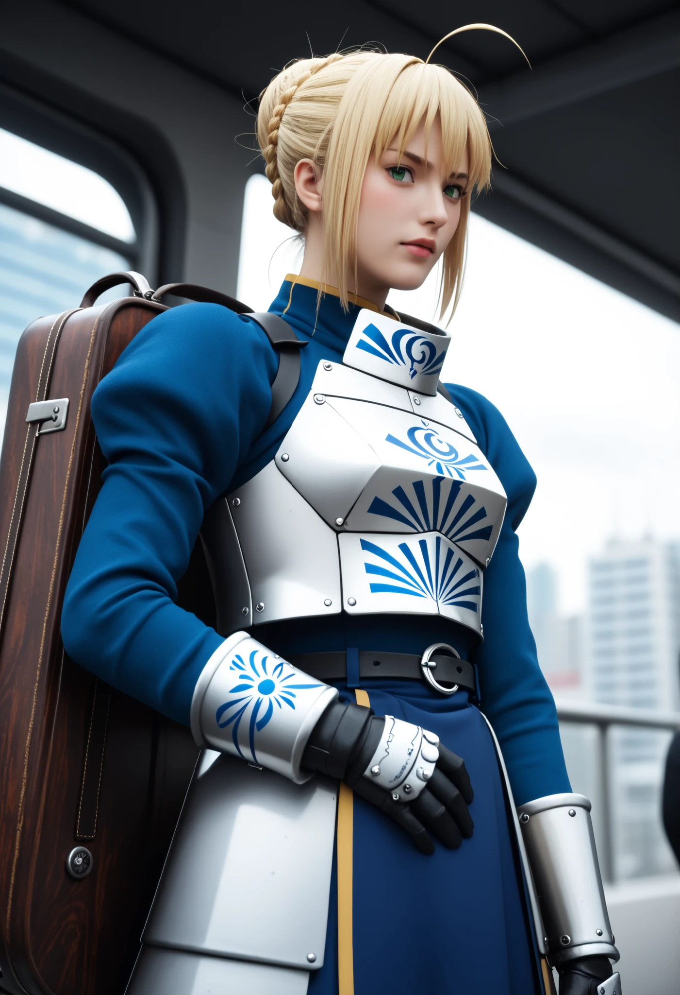 8k ultra hd, photorealistic, hyperdetailed, 3d rendered, masterpiece, puan_9, puan_8_ up , puan_7_ up , Arthur Pendragon, artoria pendragon (Fate ), sword, blonde, green eyes, ahoge, yan kilitleri , hair bun , single hair bun , knit , french knit , medium ,, knit , elbise, kurdele , hair kurdele , Armor , gauntlets, Armor ed elbise,, tren istasyonu, treni bekliyor, suitcase, traveling, commute, city skyline, elleri arkada,, kalp , looks at the viewer, hands on the stomach, blush ,, solo,, low angle shows , rough man shot