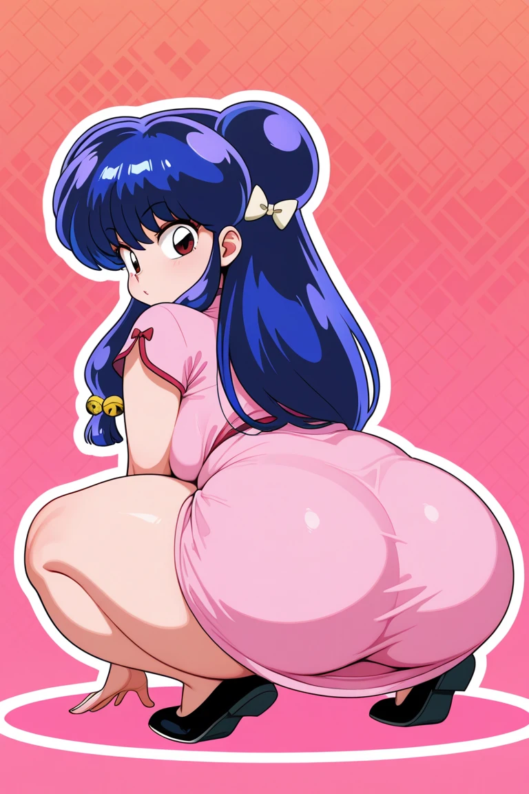 1girl, looking back, booty, blush, amazing, lovely girl, from behind, ((shampoo \(ranma 1/2\))), best quality, great artwork, sensual image, bouncing ass, (white background, shy, simple background, clean:0.9), eyes detail,