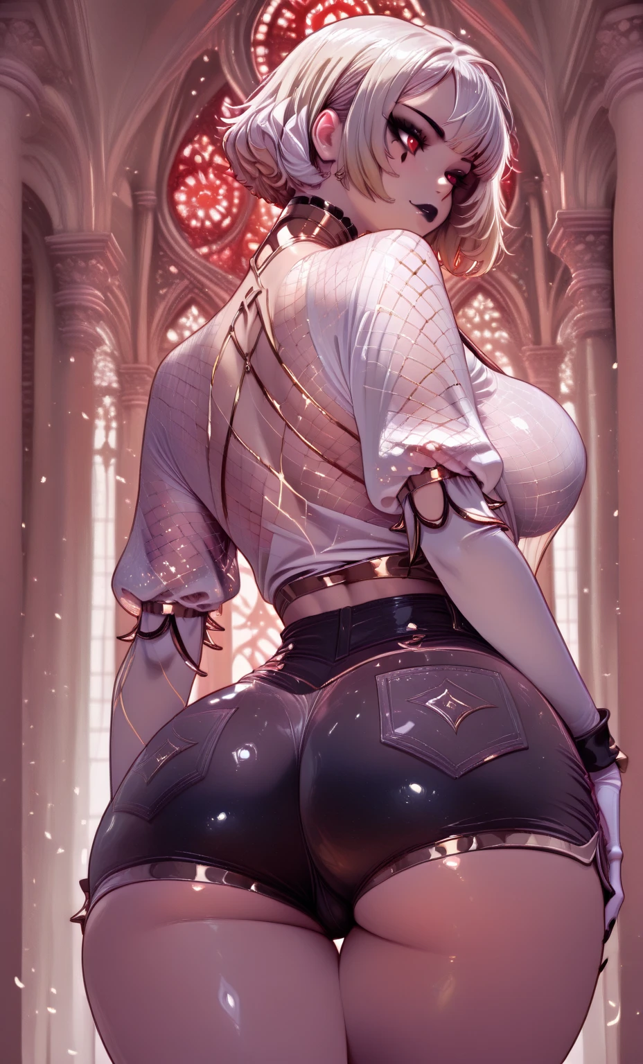from behind,backwards,stretching,1girl,(ultra detailed skin),curvy,,beautiful breasts,large breasts,pale skin,pointy breasts,erect nipples,(fantasy art,Highest image quality,Hyperrealist portrait,(8k),ultra-realistic,best quality, high quality, high definition, high quality texture,high detail,beautiful detailed,fine detailed,extremely detailed cg,detailed texture,a realistic representation of the face,masterpiece,Sense of presence,Dynamic,bold),bob hair,(thin hair),(soft hair),(straight hair:1.5),Swept long bangs,extra light coppery amber hair,hair over one eye,(have a sword,leather boots,asymmetrical armor,(long embroidered white lace dress,see through,lift up the hem of the dress))