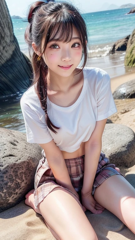 Sweaty、Revealing underwear、Sitting cross-legged、Smile small、((Hold your crotch with your hands))(Infant 8 years old)、Butt Emphasis、She spreads her legs to reveal her white polka dot panties、、See through、Turn to me、Realistic、(8 year old girl with long wavy hair)、Close-up from the ground、(Summer camp in the mountains)、(In the tent)Butt Emphasis、Dark yellow tan check panties、Tight Berry Short Mini Skirt