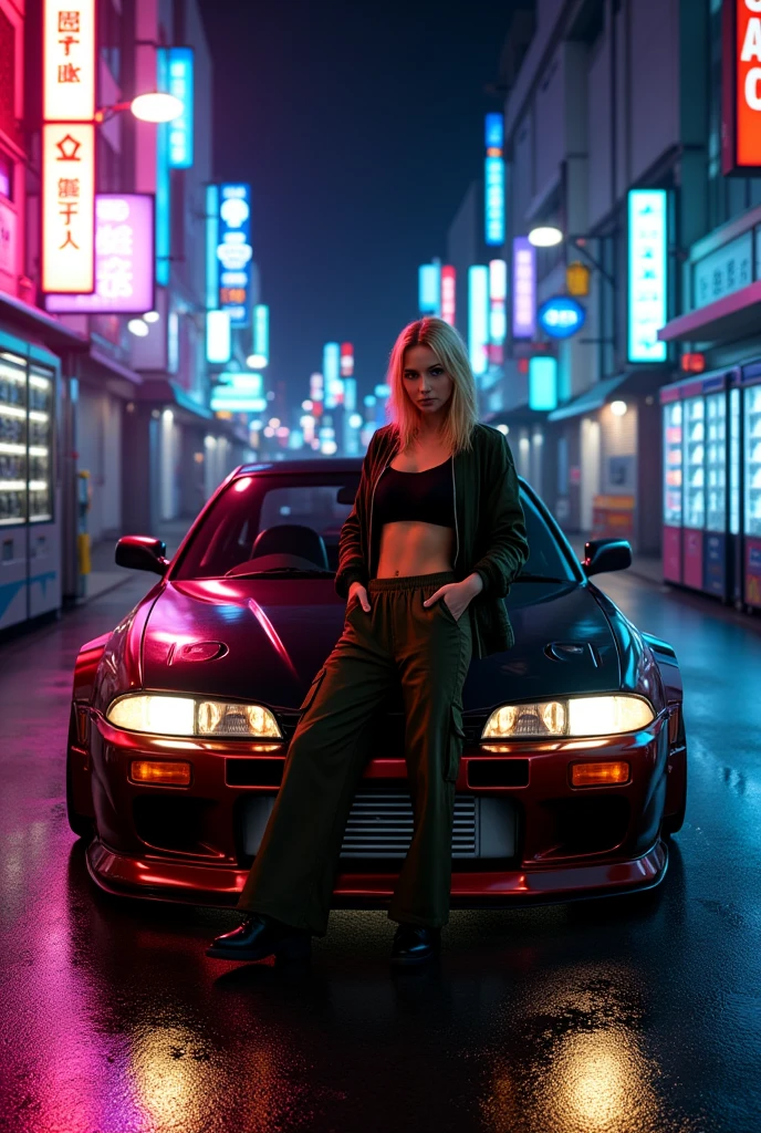 (at night), in a video game scene, a background of a beautiful city at night, raining, alone, standing at attention, red top, blue joggers, large brown belt hanging around her waist ((blond hair) ), 1 girl, 20 years old, young woman, perfect hands, beautiful fingers, beautiful long legs, beautiful body, beautiful nose, beautiful character design, perfect face, looking at viewer with serious gesture (focusing on her face), closed mouth , Light_Smile, official art, extremely detailed CG unity 8k wallpaper, perfect lighting, bright and colorful front lighting, glowing skin (masterpiece: 1.0), (best_quality: 1.0), ultra high resolution, 4K, ultra detailed photography, 8K , HDR, high resolution, absurdities:1.2, Kodak portra 400, film grain, blurred background, bokeh:1.2, lens flare, (vibrant_color:1.2), professional photography, (Beautiful, breasts: 1.4), (beautiful_face: 1.5 ), (narrow waist),
