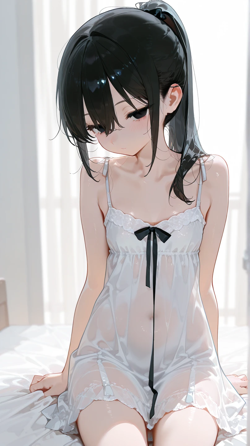 Hands Behind Back,Tied with hands behind back,from front,front view,looking at viewer, looking ahead,from above,cowboy shot,1girl,Beautiful 11 year old girl,Japanese,Slender,,low length,Small breasts,Thin legs,Small Ass,Baby Face,Small face,Black Hair,Row Twin Tails,Gray Eyes,slit pupils,Drooping eyes,middle School girls,Sheer black and white negligee,lingerie,Collar with leash,open mouth,tongue out,front face,Kneeling,Straight Stand,Beautiful and detailed anime art,Mischievous smile,Sexy vibe,cum on tongue,Dimly lit room,On the bed,Simple Background,Gray background,Low lighting,