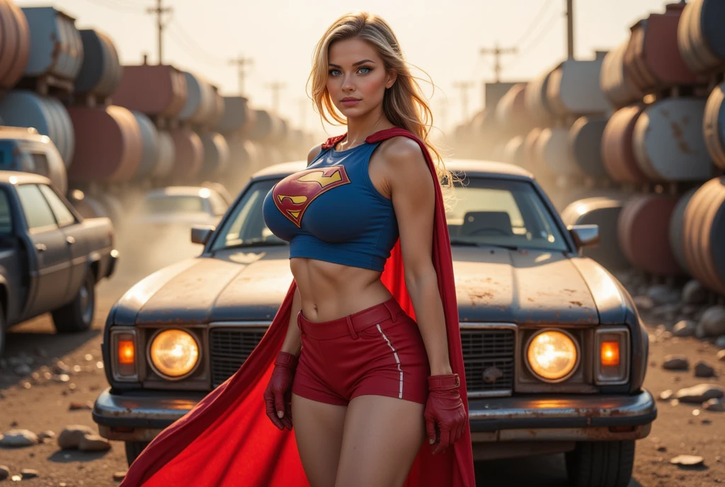 An attractive blonde with light eyes, athletics, strong, big tits, sports top, she is a SUPERGIRL, card with short skirt and cape, sexy legs, sexy woman,woman dressed as supergirl, smiling,flying above a car.
