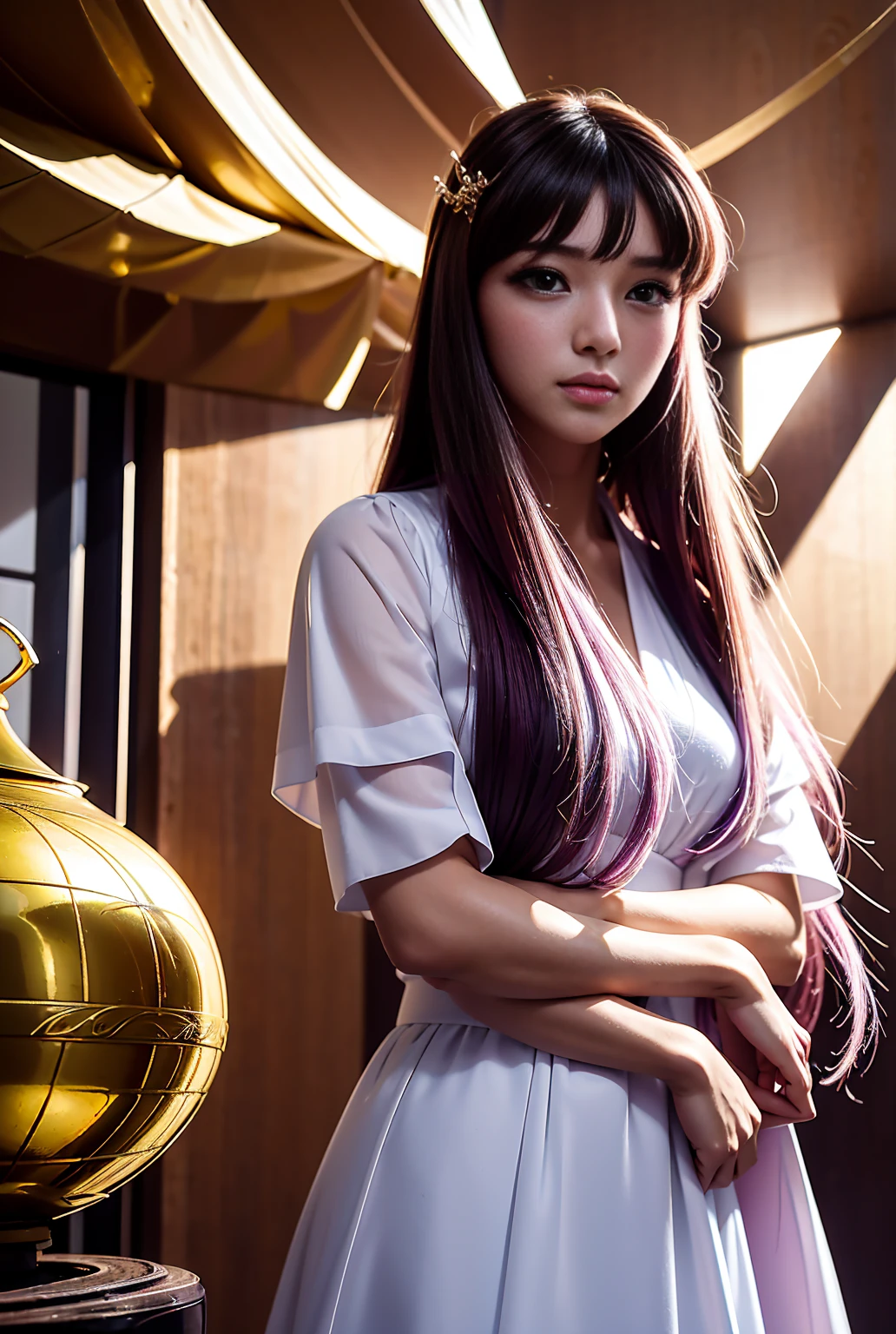 best quality, 8k, very delicate and beautiful, highly detailed face and skin texture, shiny skin, high resolution, cute brown long hair tanned skin japanese girl in white bunny suit smile at nightclub, under neon light, full body, sharp focus