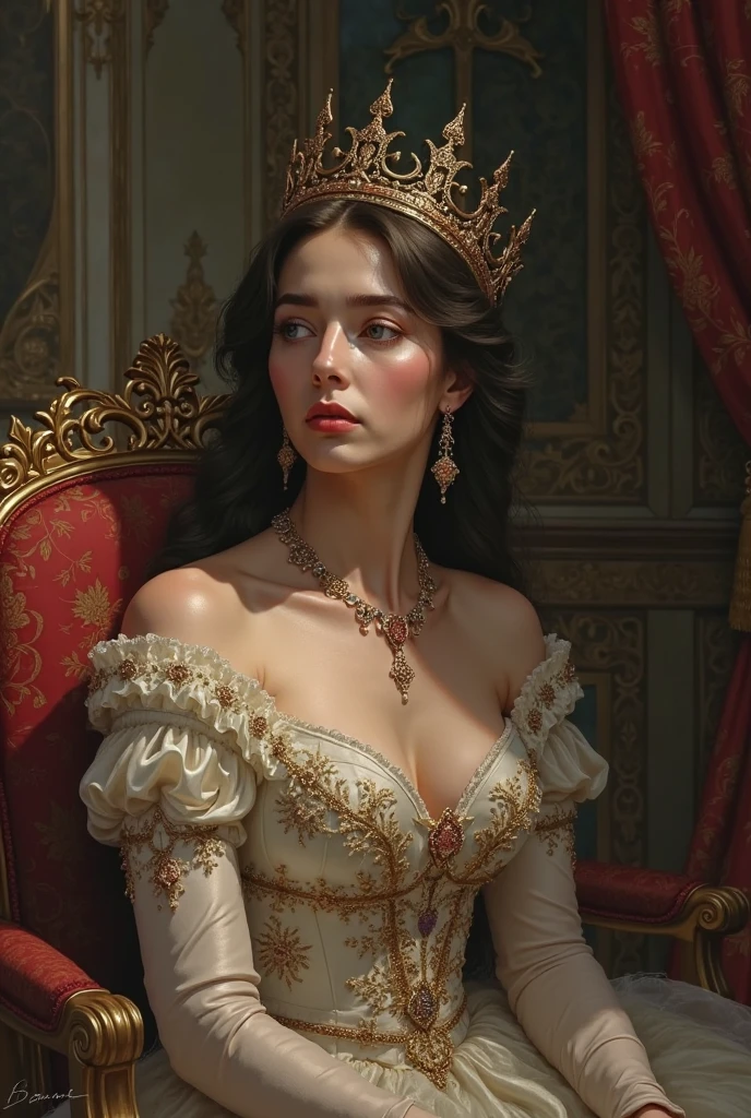 Young and beautiful Belgian Queen。whole body。Sit on a throne、Wearing the crown、Holding a scepter and a jewel。Belgian flag in the background