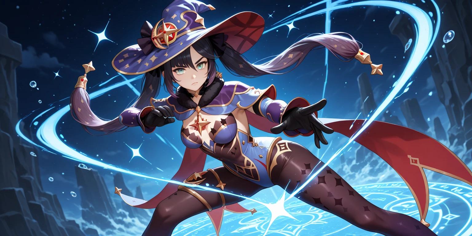<lora:Aura_v1:0.6>, Aura, energy, glowing,swirling energy, dynamic pose, <lora:Alola_Style:0.4>,((masterpiece,best quality)), absurdres, <lora:mona_v1:0.7>, aamona, long hair, twintails, hair ornament, black ribbon, earrings, witch hat, purple headwear, choker, cape, fur trim, gold trim, blue leotard, detached sleeves, gloves, pantyhose, cowboy shot, smile,