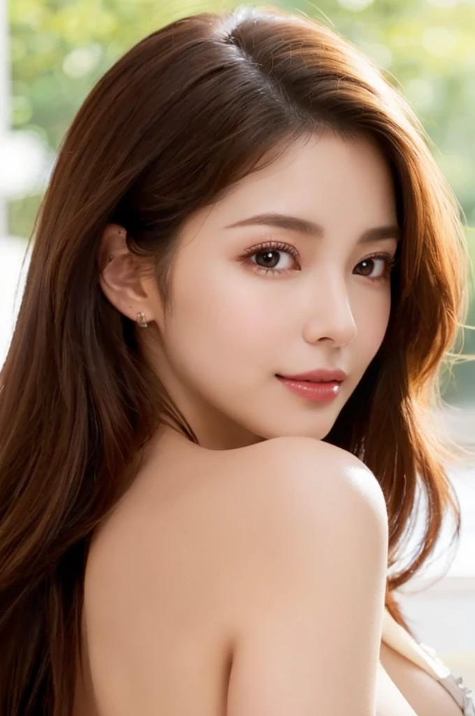 ((Photorealistic、Masseter muscle area、Highest quality、High resolution、RAW Photos))、(full body, glamorous body, Perfect Detail)Realistic、Bright lighting、Face Light、Smooth Professional Lighting、pretty girl、Beautiful woman, Modeled、gravure、(wavy hair、Brunette colored hair、Brown eyes, sexy face, want to kiss++) ,natural makeup、so beautiful、Realistic and beautiful skin、Big tits、Cleavage、plum thighs, Beautiful and detailed、Detailed face、 looking at the camera、take a picture, Seductive Pose, no cloth
