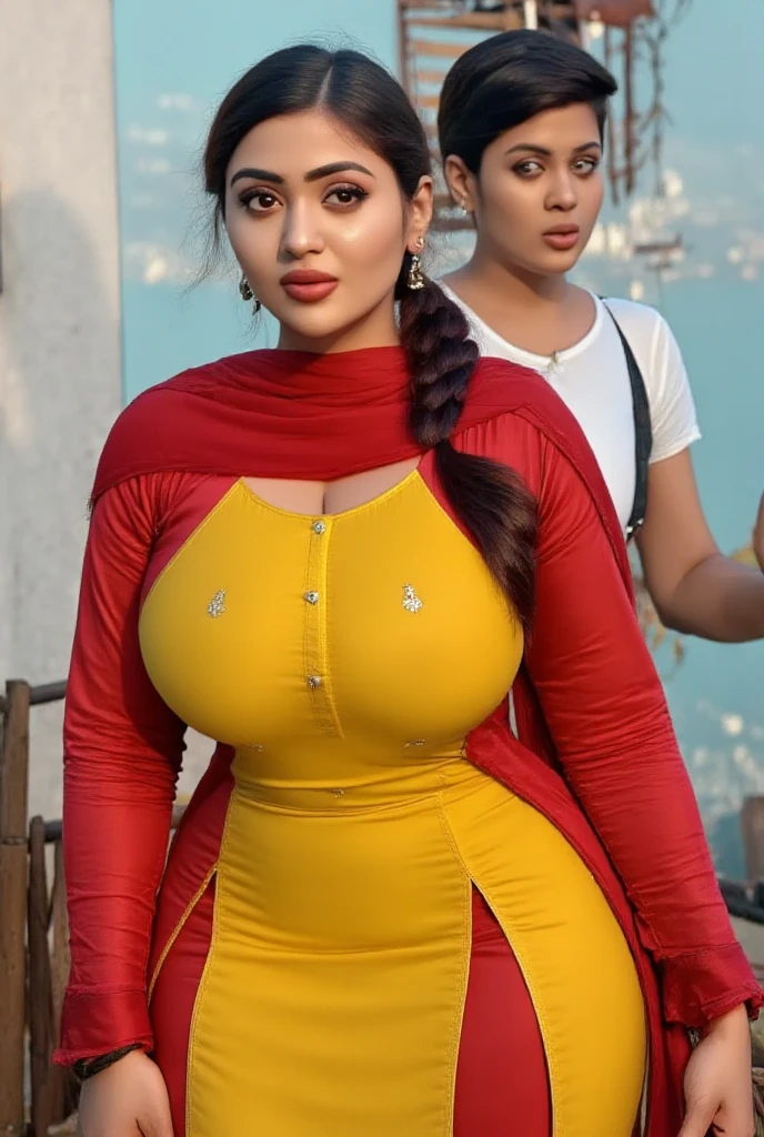 indian girl, chubby figure, in front of a ship, wearing a hot dress, posing for a sexy picture