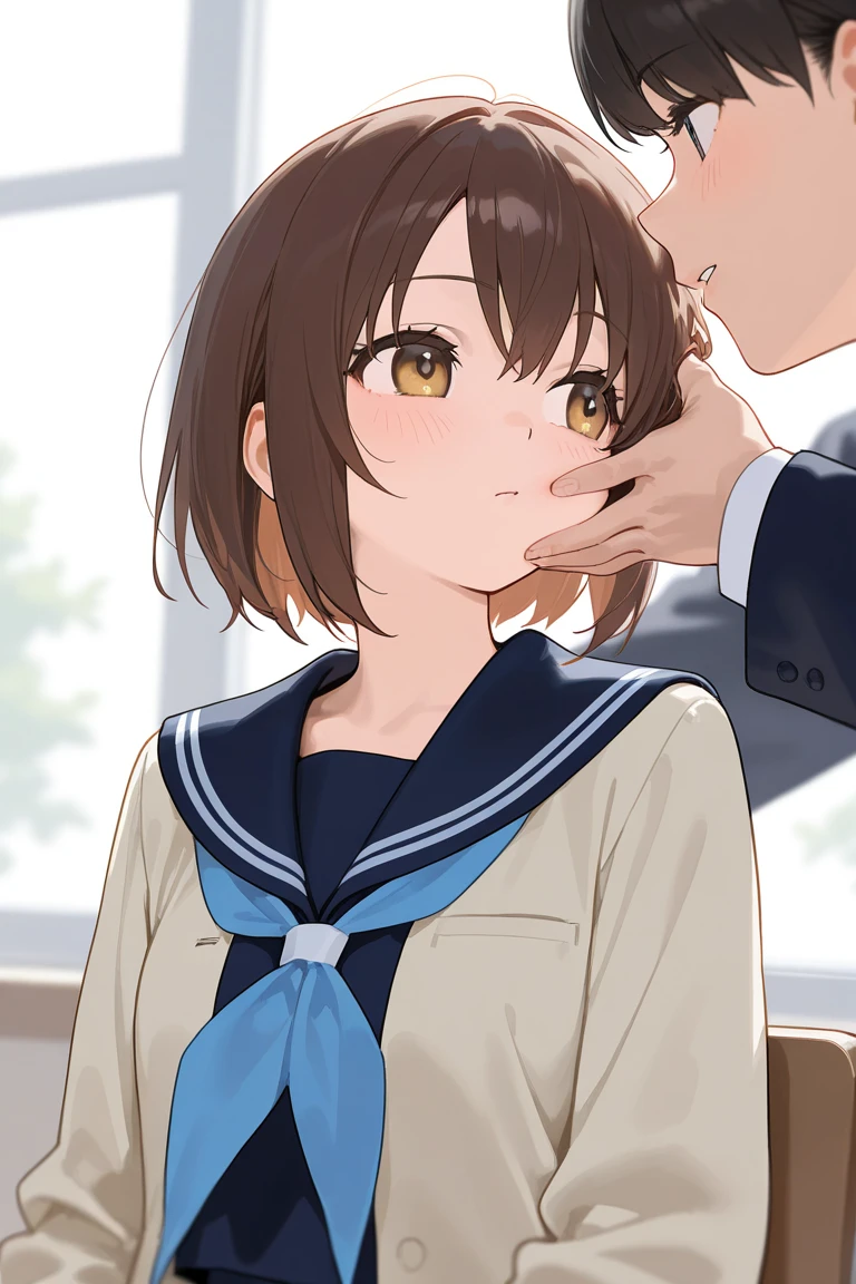 {Highest quality}. {so beautiful}. {Super detailed}, {Best illustrations}, Browsing Caution、((Shaded face))、Big penis、A woman drooling after having urine splashed on her face、Face sitting、((女性がBig penisを顔に押し付ける))、Small breasts、Bob Hair、Brown Hair、Forehead、Baby Face、semen、White skin、Focus on the face、Idol uniform、Public toilet