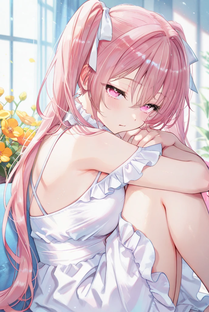 Highest quality、Shiny silk short sleeve puff sleeve pink maid outfit、See-through、Very short skirt、Voluminous red ribbon、Round collar、A short white ruffled apron、White garter belt with ribbon、Pink high heels with ribbon、Large headband with ribbon、Flushed Cheeks、Embarrassed look、White underwear、Soaking wet、Pool、Facing forward、Arrest