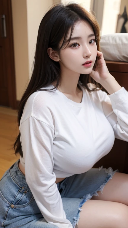 A gorgeous and distant girl，having a ponytail，wearing casual shirt and hot pants，thick thighs，fleshy thighs，revealing her thighs，big natural breasts，huge round breasts，busty young girl，supermodel figure，perfect body，teen，wearing glasses，sitting on the podium