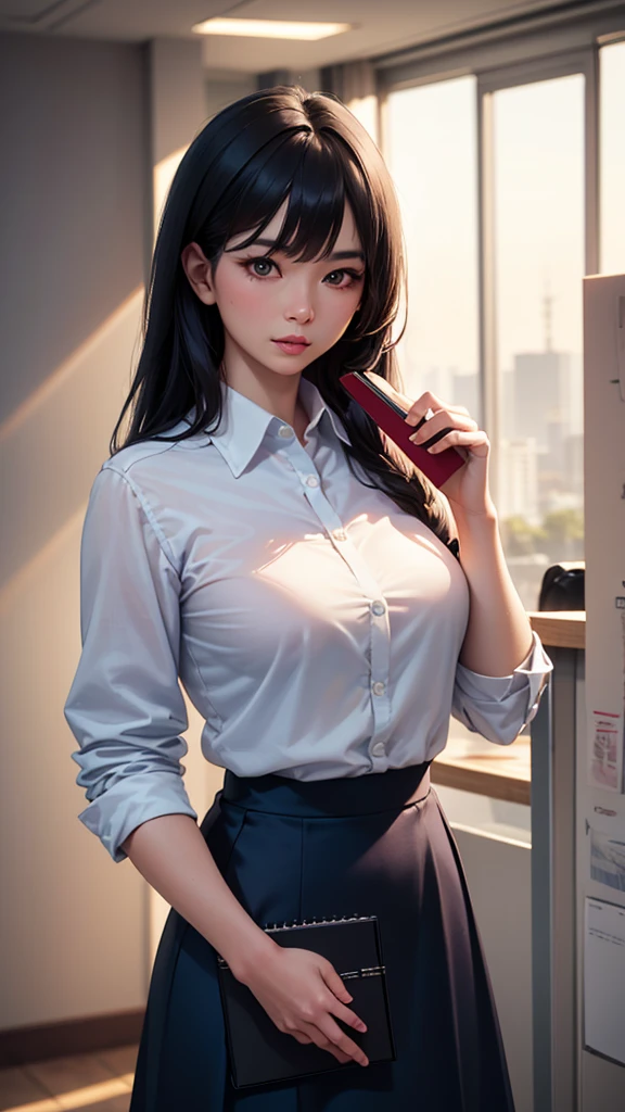 (masterpiece:1.2), (best quality:1.2),realistic, photorealistic,HDR,UHD,8K,Highly detailed,8k,cinematic_lighting,reality_ray_tracing,1girl,long hair, black hair, collared shirt,pencil skirt, black pantyhose, legs,sitting, office chair,office, looking at viewer, (((NSFW))), ((vagina)), Big breast, open shirt, ((glossy vagina)), sharp focus, Hasselblad picture, pussy creampie