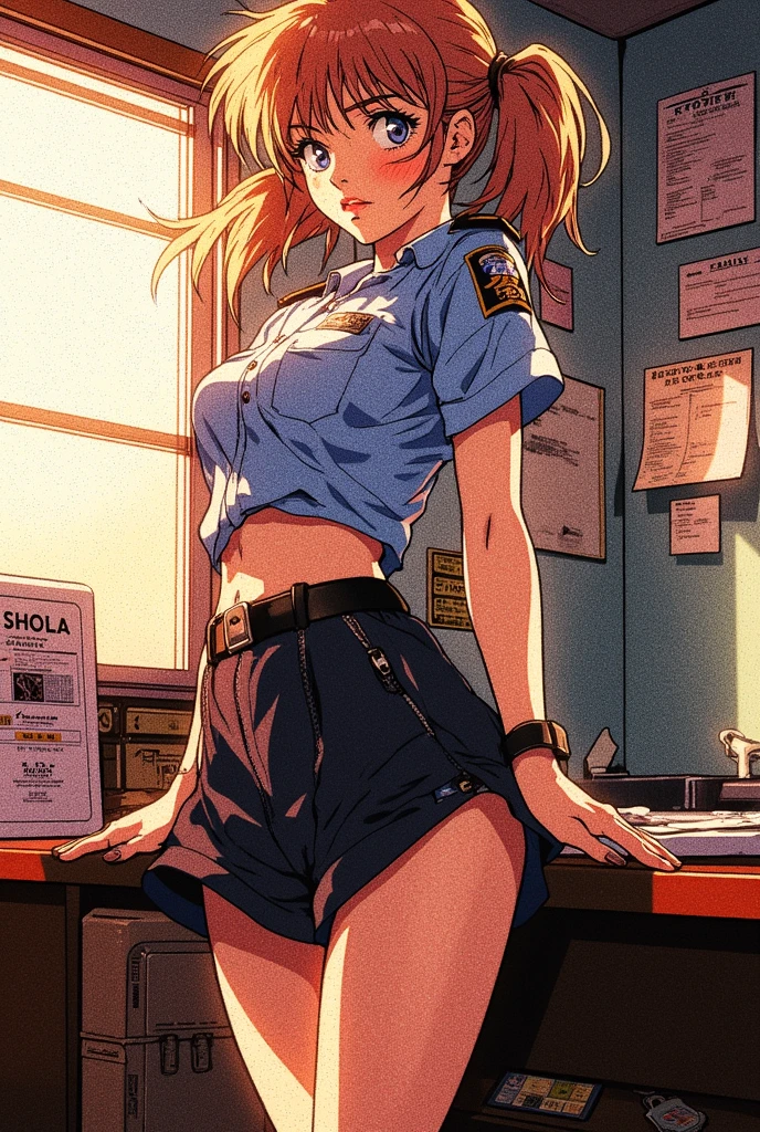 An American gal, tall, 30-year-old woman, pink hair, long hair, beauty anime face, Face in love, super high resolution, masterpiece, black police hat, white tank top, transparent breasts, belly button visible, torn denim shorts, sexy pose, crotch emphasis, crotch touching, nice body, only one person in the room, inviting gesture, white skin
