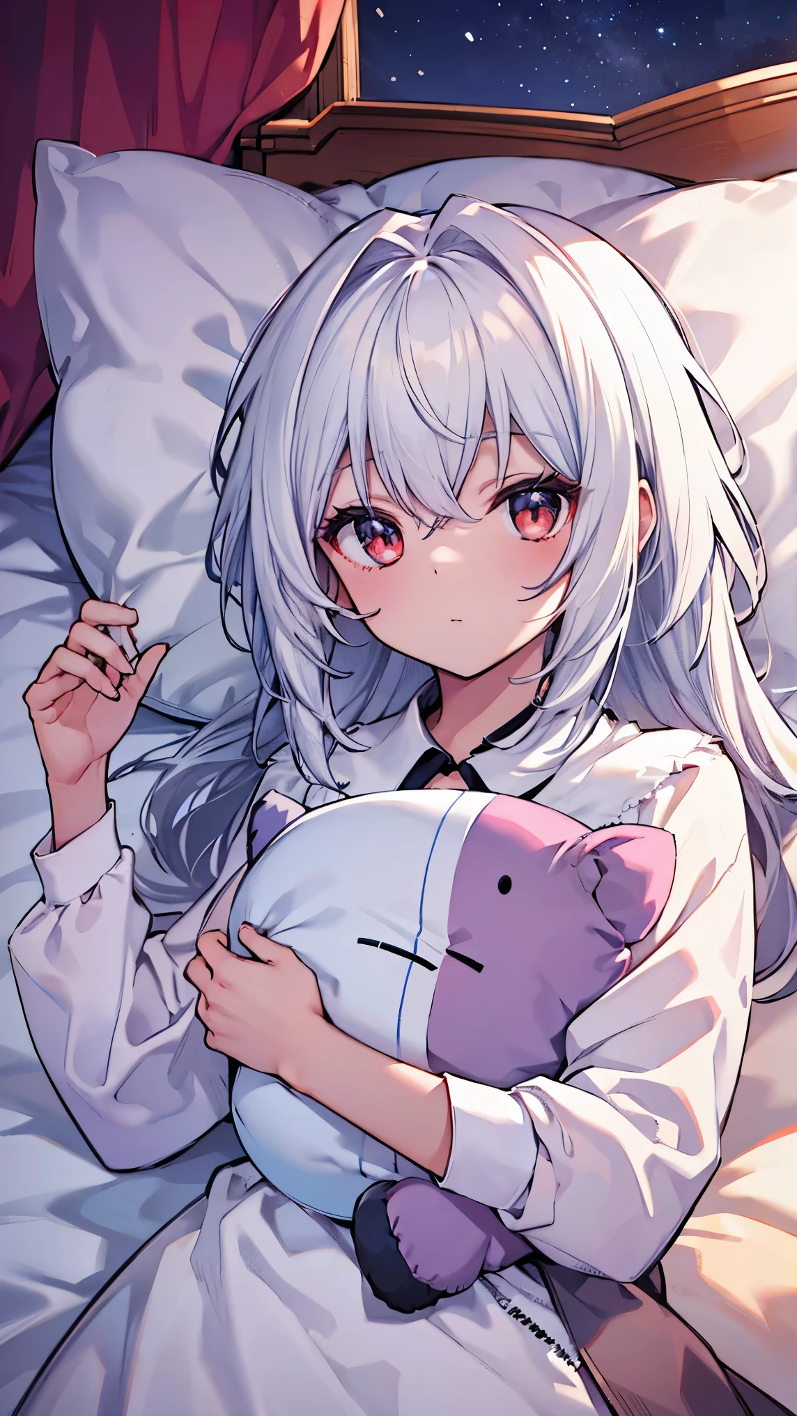 top grade 、white hair、long hair,straight hair,red eyes、Beautiful Girls、Petite、,flat chested,(,shirt,Large stuffed animal,pillow),bedroom,On the bedding,,,night,