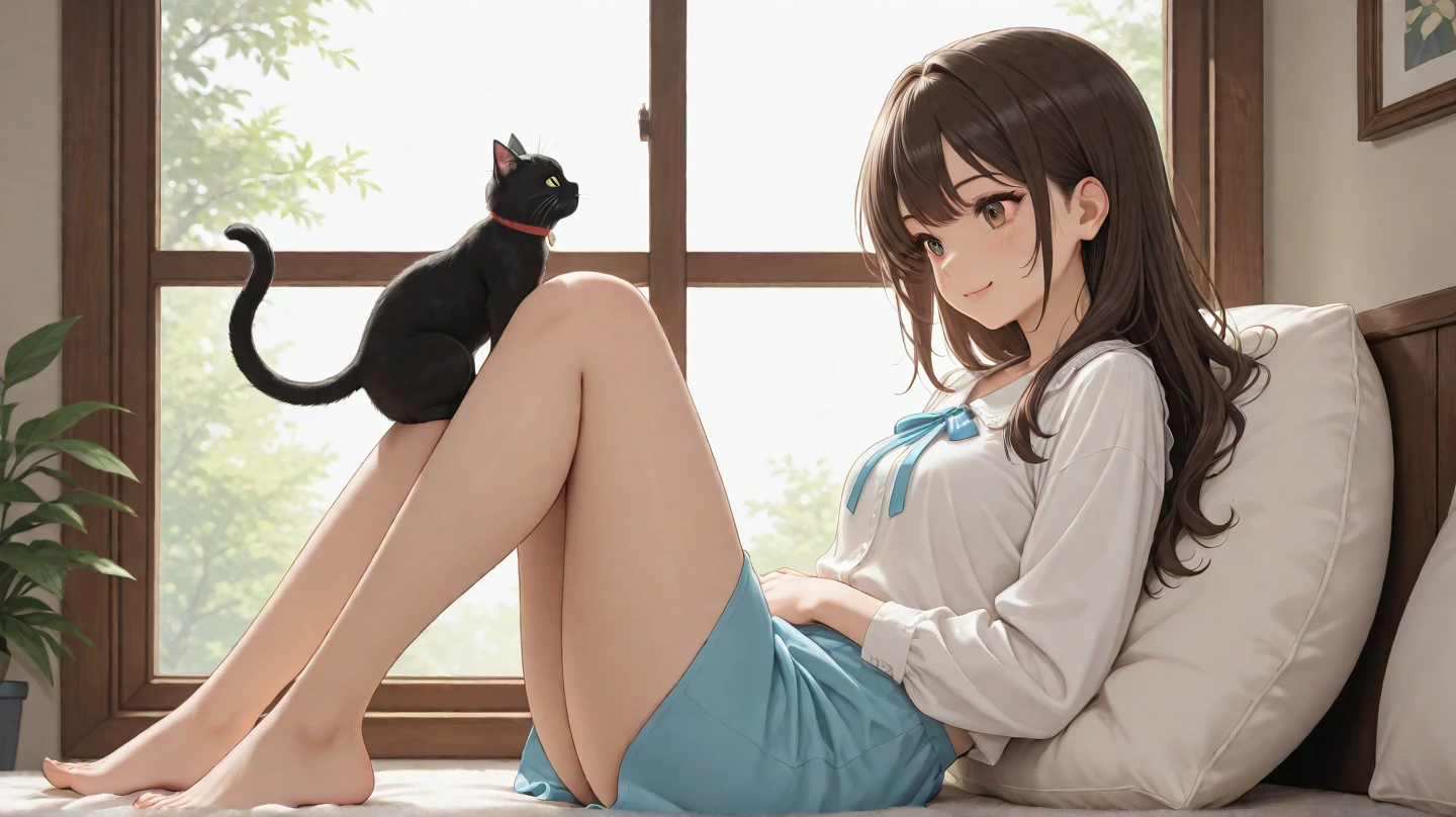 (Masterpiece, top quality, super detailed CG, beautiful detailed eyes, super detailed, intricate details:1.2), 8k wallpapers, elaborate features,
(1 person, solo:1.4)perfect cartoon illustration,(1 person, solo:1.4)
(realistic textures:0.8), high res, cute, (vivid colors, dynamic lighting:1.0), (high contrast:0.8),
Young girl 1, cute face, innocent smile, glossy skin, white blouse, skirt, petting pet cat (black cat), living room at home, sofa, night