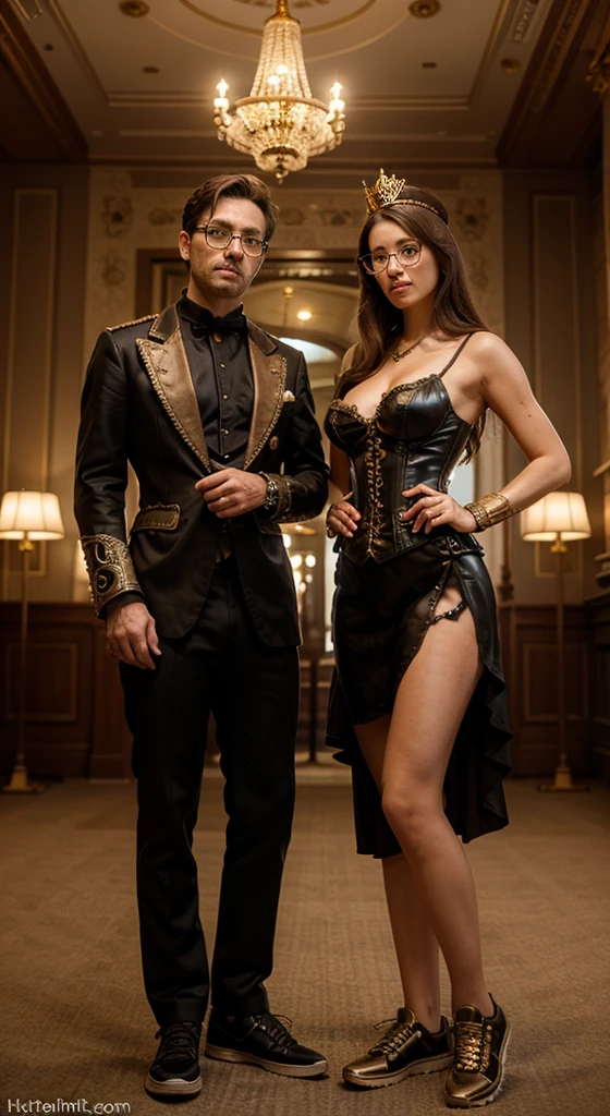 an old bearded steampunk alchemist in his laboratory by his side his beautiful female assistant dressed in a revealing leather outfit