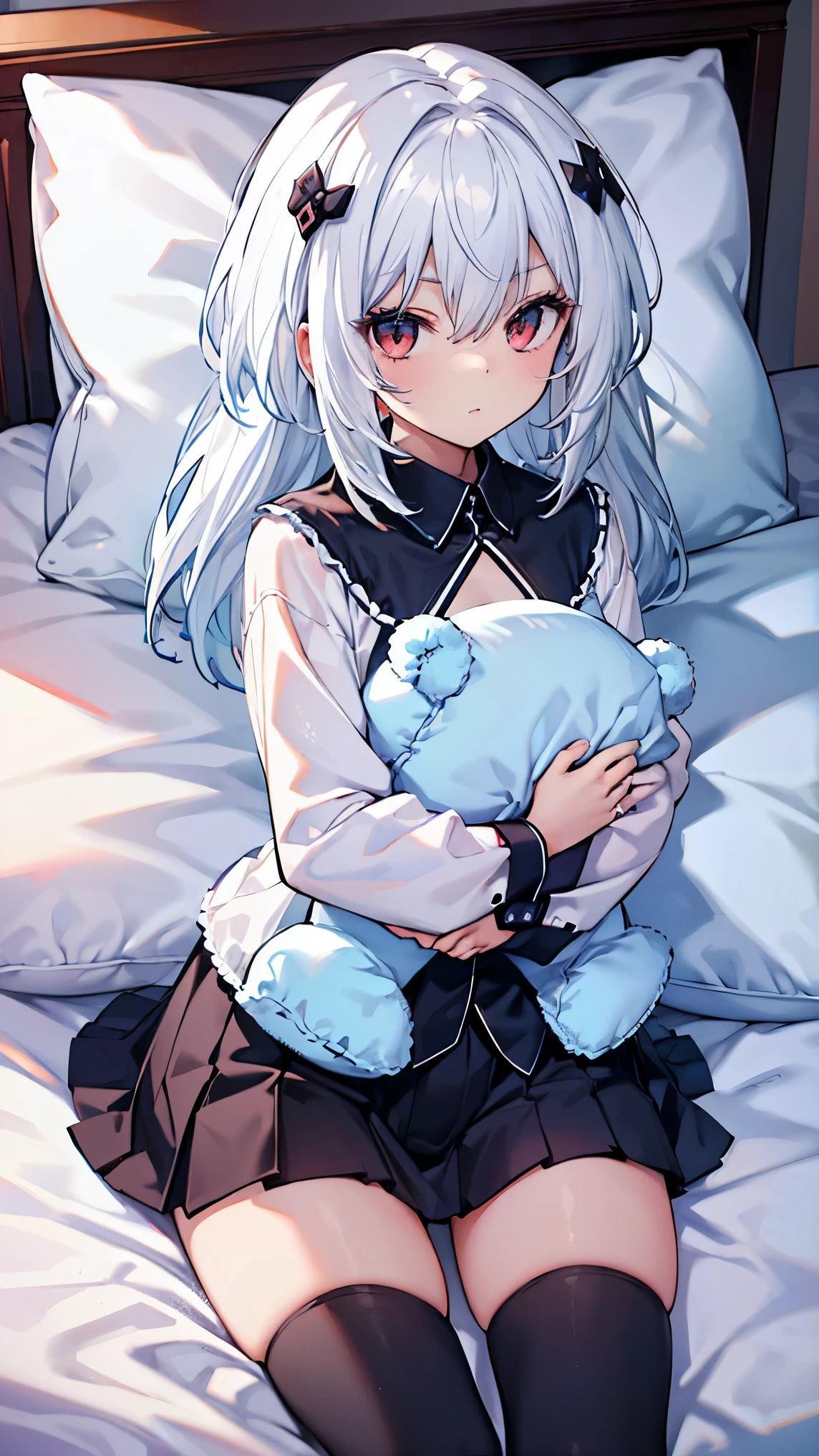 top grade 、white hair、long hair,straight hair,red eyes、Beautiful Girls、Petite、,flat chested,(,shirt,Large stuffed animal,pillow),bedroom,On the bedding,,,night,