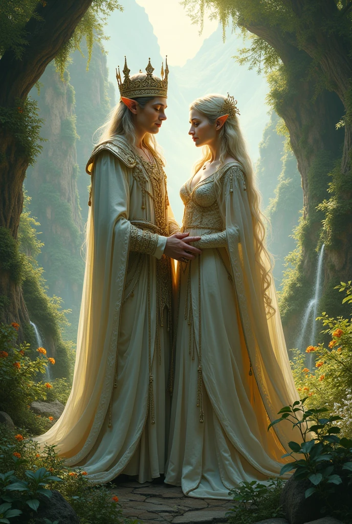 One day, a handsome prince hears her sorrowful song and is drawn to her.
Now make a image of elara singing in a forest and a prince hearing her 