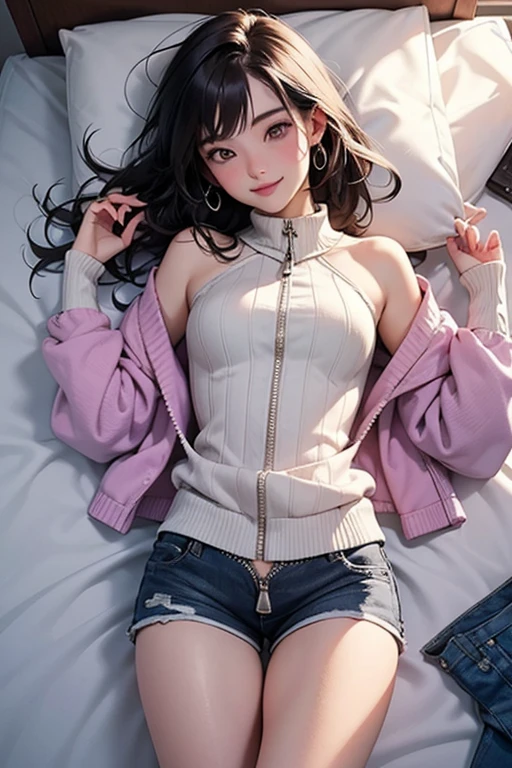 Girl front,1girll,AN94,Black color hair,Long hair,White silk knee socks,比基尼,on top of the bed,full bodyesbian,Spread your legs,looki at viewer ,The face is shy,Looks like a lover who wants to have raincoat