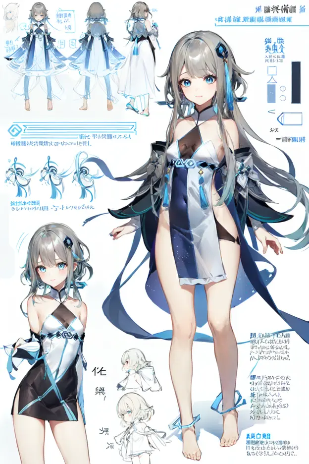 One girl, Super detailed、Clear lines、alone, smile, masterpiece, highest quality, VTuber - whole body, short hair、Simple bikini、Simple Background、Standing in front of the viewer、barefoot、Smaller breasts、Character design sheet、