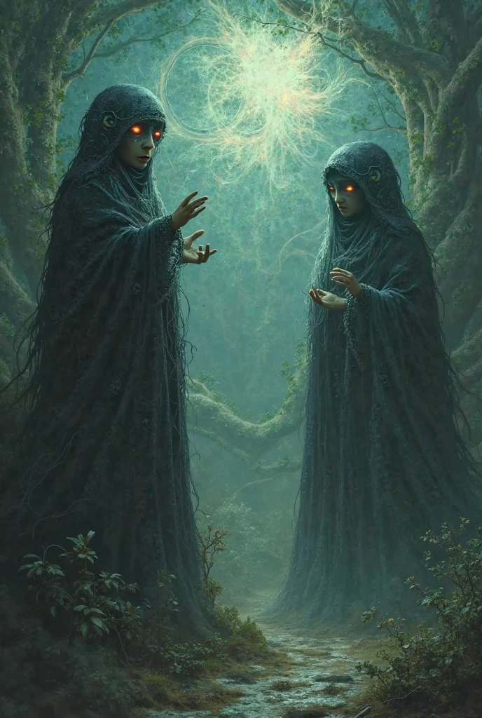 Masterpiece, best quality, MTSpider V4, (((1 young innocent boy)), HDR, very detailed eyes and face, goth, solo, white skin, long hair, beads, japanese clothes, white kimono, silk, stone, forest, northern lights, spider silk, (glowing metal objects hovering in the air and encircling him: 1.2), (arcs and sparks: 1.2), (energy flow: 1.2), (translucent magnetic field lines: 1.2), (gold, silver gray and shimmering light effects: 1.2), horror art, fear, unified 8k wallpapers, ultra-detailed, beautiful and aesthetic, masterpiece, the best quality, deep and rich black shadows, mother earth, smiles, enchanting whimsical fantasy forest background, happiness, enchanting atmosphere, very detailed, dynamic angles, cowboyshot, most beautiful chaotic forms, elegance, fauvist design, bright colors, romanticism, by James Jean, Robbie Devi Antonio, Ross Tran, Francis Bacon, Michal Mlaz, Adrian Ganey, Petra Corright, Gerhard Richter, Takashi Yamamoto, Ashley Wood, Atmospheric