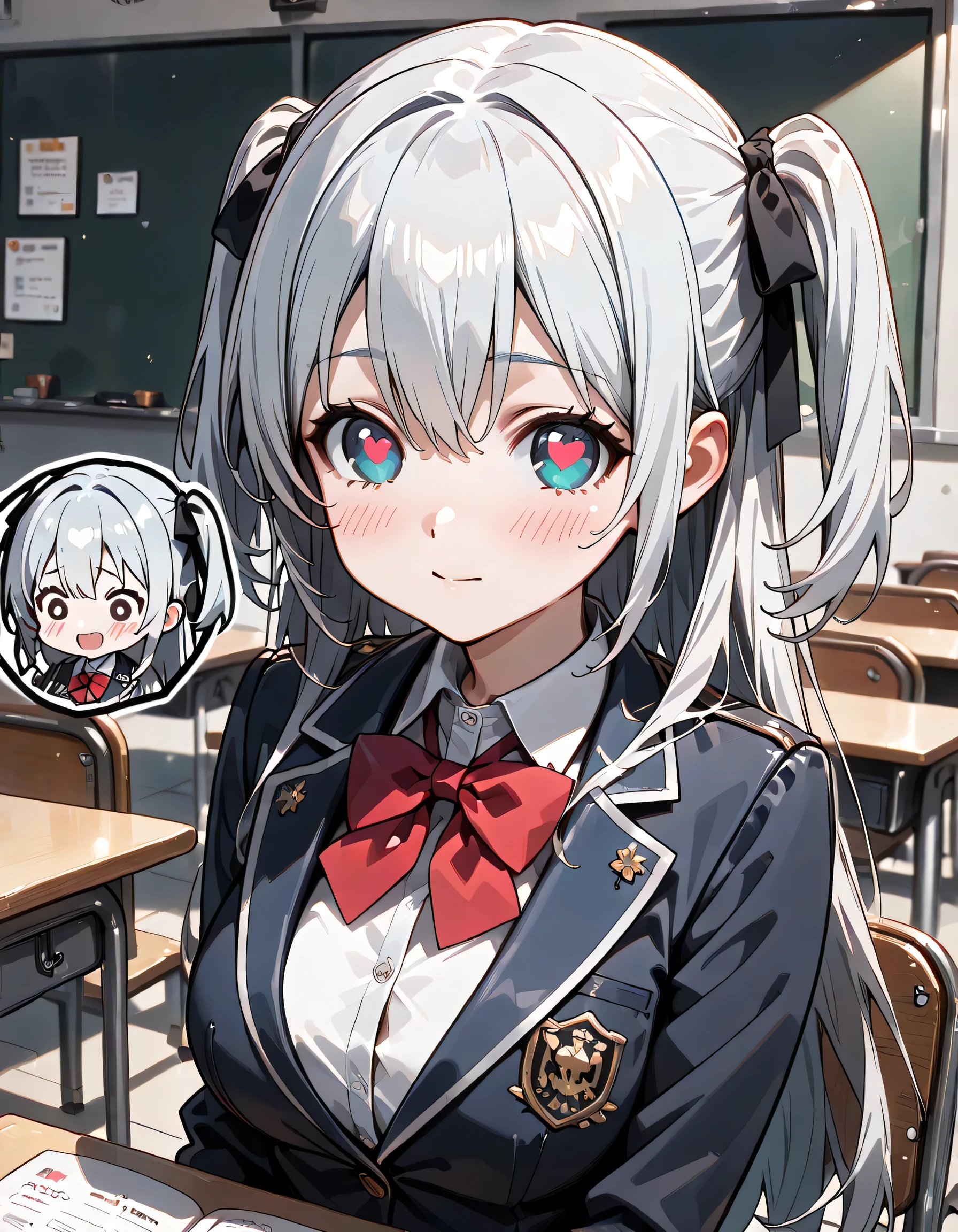 ((ultra-detailed)), (highly detailed CG illustration), (best quality:1.2), ultra-highly detailed, colorful composition, artistic photoshoot, 1girl, solo focus, (face close up:1.4), moe anime character, girl, dainty facial structure, baby face, round face, rounded chin:1.2, ideal ratio body proportions, blue eye, (Heart eyes:1.6), heart shape:1.4, shining heart eyes:1.4, silver hair color:1.3, long hair, two side up, hair ribbon with black, ample breast, school uniform, navy blue blazer, modern style with fitted jacket, red neck bow, long sleeves white frilled shirt, gentle smile:1.4, (fuii face blush:1.5), sit on the chair in school classroom:1.3, a class in session:1.3, other students are taking classes too, from front, dynamic pose, contrapposto pose, best quality, masterpiece, expecting, pink cheek, blush, light pink gloss slip, portrait, depth of field, poured sunlight, sidelighting, shine, lighting, caustics, ray tracing, perfect face, lustrous skin, highly detailed face, highly detailed eyes, perfect face, perfect nose, perfect hair, perfect eyes, perfect anatomy, beautiful hair, beautiful small face, extremely detailed face, beautiful detailed eyes, beautiful clavicle, beautiful body, beautiful ample breasts, leavage, breasts squeezed together, equalize the size of the left and right breasts, beautiful fingers, 4 fingers, 1 thumb, lovely, (very detailed background:1.0), (highly detailed background:1.0), intricate details, in love atmosphere, colorful and sparkling colors palette, chromatic aberration