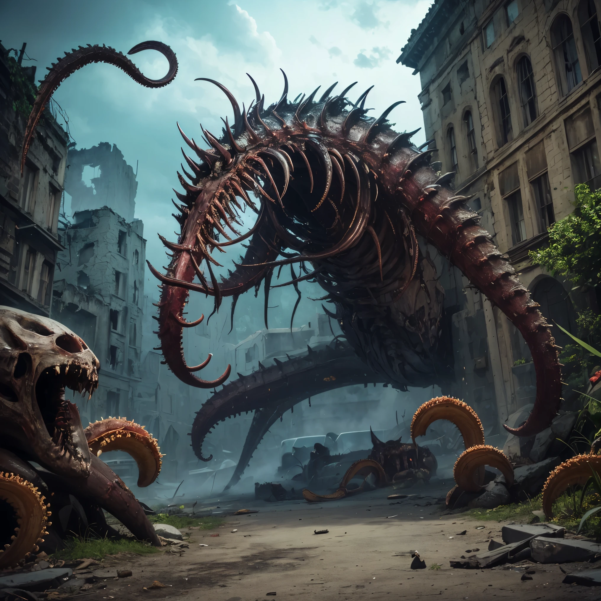 ruin city, old city, wreakage, shadow, mystical creature, legion of creatures, swarm, glowing eyes, a lot of teeth, tentacles, zombie-like creature, decompose, no legs, slither, very long tail