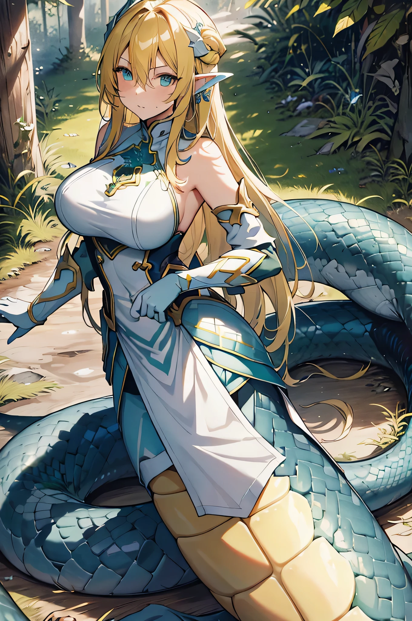 Hews style, 1girl, blonde_hair, breasts, pointy_ears, elf, braid, solo, green_eyes, belt, restrained, long_hair, arms_behind_back, dress, large_breasts, choker, from_below, cape, looking_at_viewer, twin_braids, vines, blue_dress, bound, lips, thighs, bound_arms, parted_lips, tentacles, no_panties, signature, cloak, plant