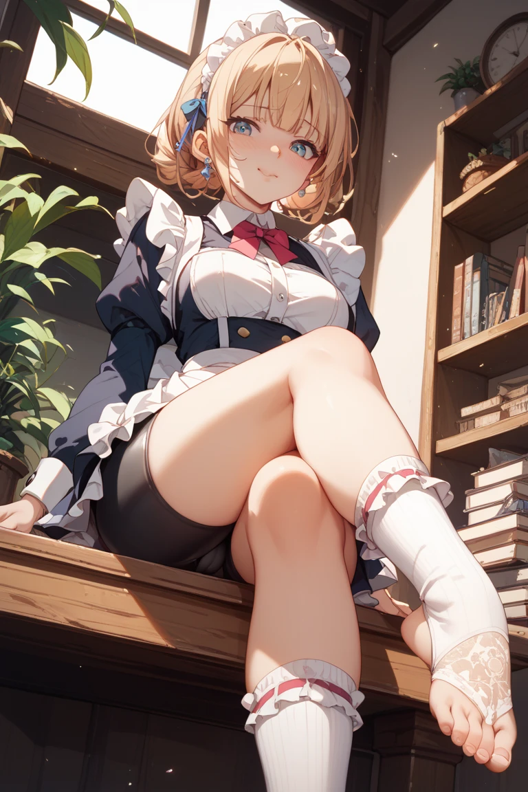masterpiece,table top, one girl, anime girl,alone ,(erotic queen),very delicate eyes,adult face, nice face, beautiful woman,8K,look at the camera,Shooting from below,perfect feet,,perfect feetの指,(((5Book's toes))),black knee highs,(((feet2Book))),high heels),perfect fingers,laughing,fearless smile,eyes of contempt,looking down,Black lace arm cover,(I can see your panties)