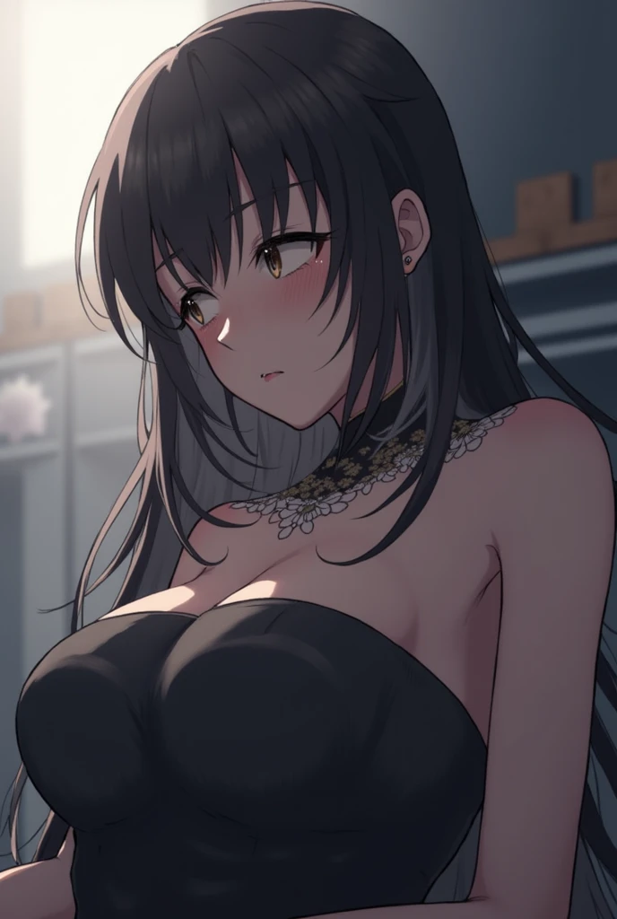 masterpiece, beautiful background, a young Japanese woman, naked, very slender, long black hair, golden eyes, detailed face, shy, crying, huge nipples, dark lighting, Japanese room