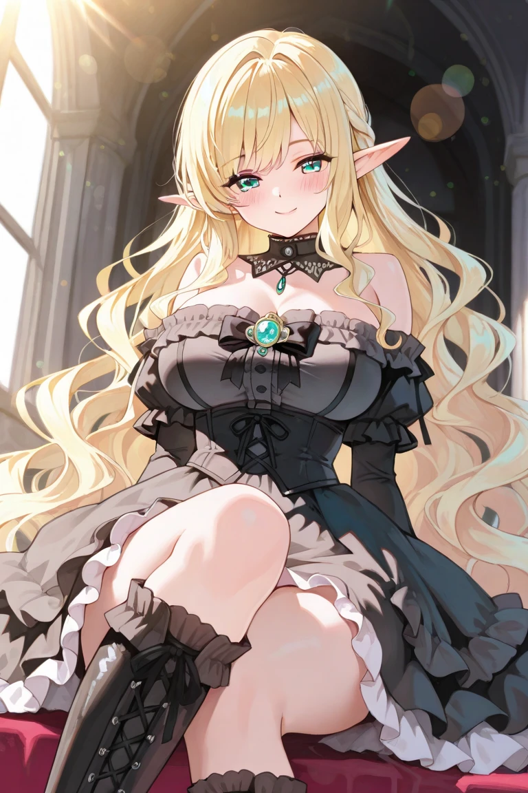 score_9, score_8_up, score_7_up, score_6_up, score_5_up, score_4_up, source_anime, 1girl,
maria theresa \(granblue fantasy\), 1girl, draph, horns, long hair, blonde hair, drill hair, parted bangs, pointy ears, brown eyes, earrings, choker, jewelry, cleavage, strapless, green dress, long dress, layered dress, black skirt, flower, black coat, wide sleeves, long sleeves, black gloves, elbow gloves, black pantyhose, black footwear, high heels,
masterpiece, best quality, very aesthetic, absurdres,