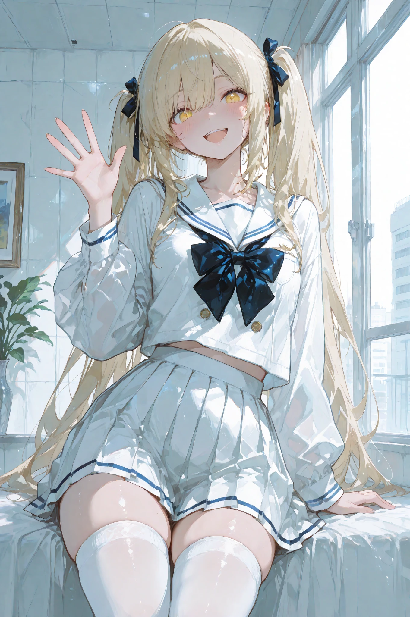 1girl,masterpiece, (8k, best quality, masterpiece:1.2),highly detailed,ultra-detailed,masterclass,best quality,illustration,hair_between_eyes,perfect lighting,Slightly transparent white stocking ,sweat,medium breasts,white lace stocking,blue butterfly hair ornament, ring, earrings,blush, nose blush,blonde hair,long hair,blue high-heeled shoes,blue choker,blue eyes,sailor suit,peaked cap, <lora:saratoga5aom3:0.6>