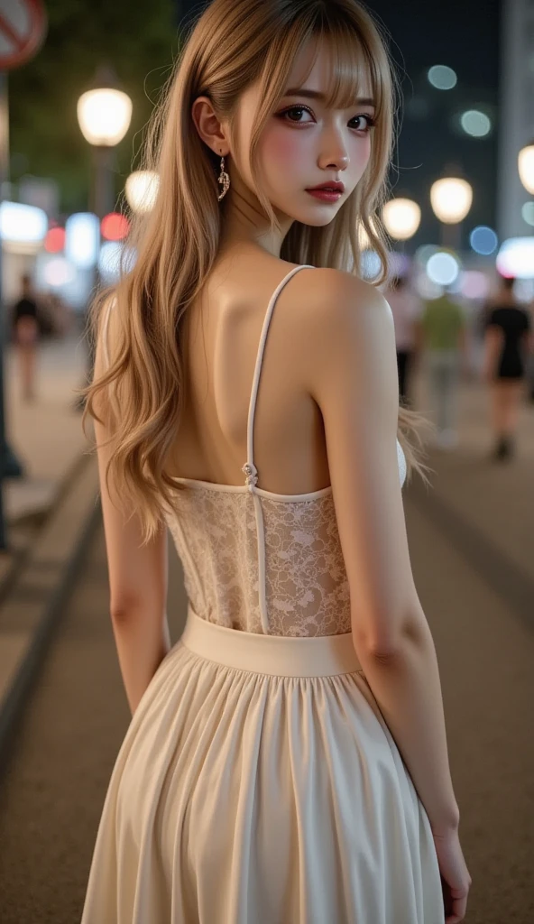 ((Woman Standing On Balcony Of Old Castle))、((Rear view)),((look back))、Highest quality works、Actual work、Ultra Premium Graphics、8K HD CG Works、High Quality Graphics、High-definition CG works、10x pixels、Ultra-fine detail:1. 1、High technical level:1.1 PhotoReal、Natural light:1. 5、Light Effects(Virtual Light Effects:1.8)、((Straight Van、Princess Van))、((Very Heavy、Volume Bang:1.1)、((Very Long、Very Heavy、Very Volume Side Lock:1. 1)、hime cut、Straight bangs、Bangs straight、(masterpiece、Highest quality:1.5)、(Ultra Fine 8K CG:1.4)、(Hyperreal:1.25)、(Real:1.1. 4)、((Golden white hair))、Thin eyebrows、High nose、Nice red lips、Rosy Cheeks、Delicate makeup face、Cute face、Perfectly balanced face、()、A light-toned foundation enhances the clarity of your skin.。 ((Off-the-shoulder translucent white floral pattern dress))、((My skirt is flying up in the wind))、 ((I can see her white panties)), 40k、photograph、、Highest quality、(1. Beautiful eyes、Light Hair、White skin、Mr. miss.々Pose、((Medium chest、:1.1))、Highest quality、Tabletop、Ultra-high resolution、(Real:1.4)、RAWphotograph、(Perfect Figure)、(slim、:1.3)。 3)、Slim abdomen、over