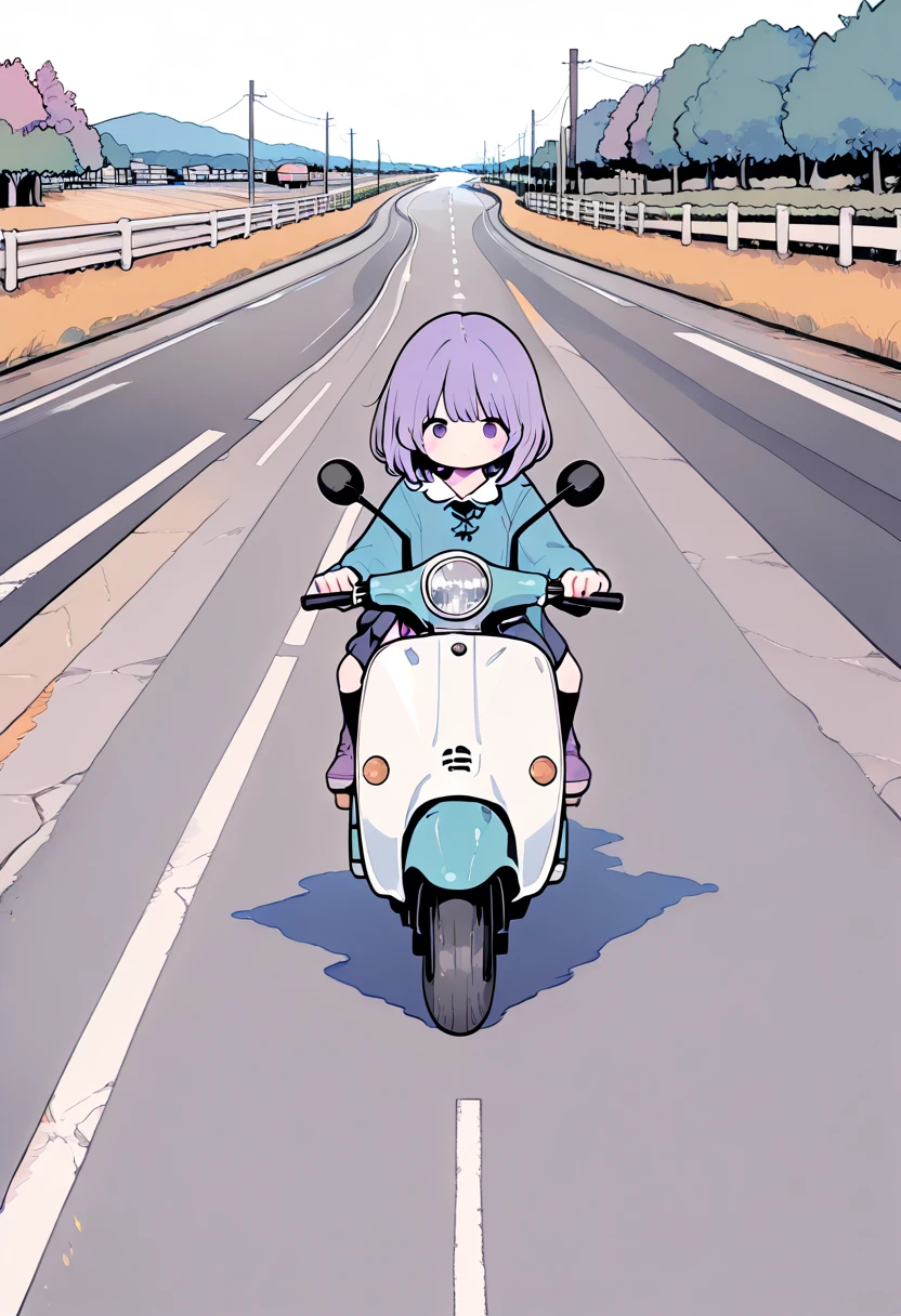 , masterpiece，Highest Quality，cute girl riding a small scooter on a coastal road，  Line Art, Flat Color, 