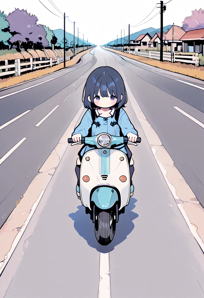 , masterpiece，Highest Quality，cute girl riding a small scooter on a coastal road，  Line Art, Flat Color, 